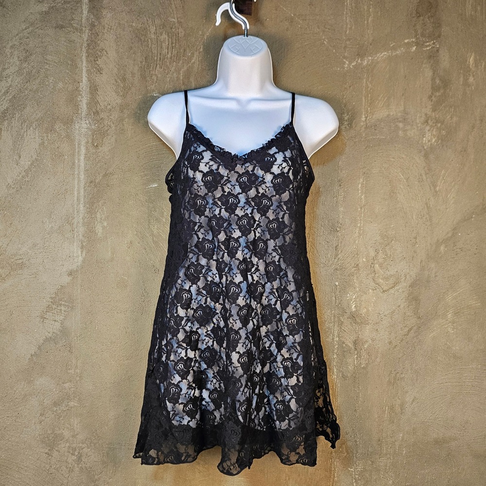 Black Lace Slip Dress L Long Cami Whimsigoth Dark‎ Coquette Dollette Bows Sheer